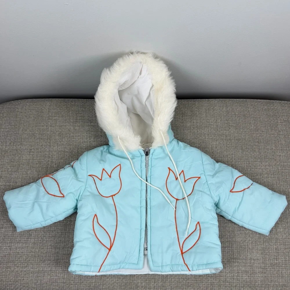 Vintage Sears Blue Tulip Puffer Winter Coat Zip Up Jacket Hood Small 6-9 Months